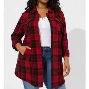 Torrid Midi Shacket Red Black Plaid Shirt‎ Long Jacket Sz 1X 14 16